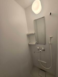 a bathroom with a toilet with a light on the wall at Port House Honmachi in Tokyo