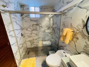 グアダラハラにあるUpdated Modern Condo in Central Locationのシャワーとトイレ付きのバスルーム +18枚の写真