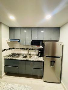 グアダラハラにあるUpdated Modern Condo in Central Locationのステンレス製の冷蔵庫とシンクを備えたキッチン