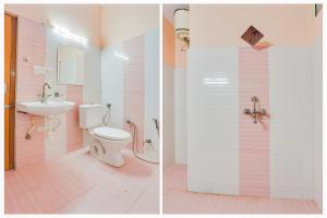 two pictures of a bathroom with a toilet and a sink at Super Hotel O JLN Marg Malviya Nagar Formerly Hotel Braj Haveli in Jaipur