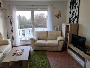 a living room with a couch and a television at Ferienwohnung am Teich in Lütow