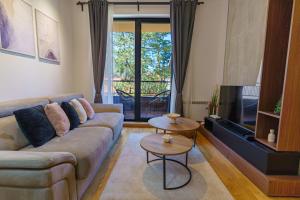 a living room with a couch and a tv at Zlatiborske terase Spa&Wellness in Zlatibor
