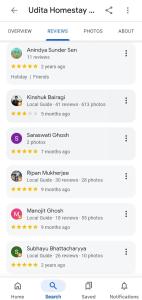 a screenshot of a cell phone screen with the names of differentitizers at Udita Homestay Prayas in Shānti Niketan