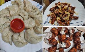 three pictures of food on a plate with dumplings at Udita Homestay Prayas in Shānti Niketan