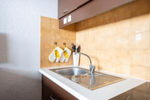 a kitchen with a sink and a counter at Appartement Aime 2000 in Mâcot La Plagne +14 photos