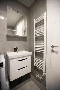 a bathroom with a white sink and a mirror at Avenija apartman in Trebinje +24 photos