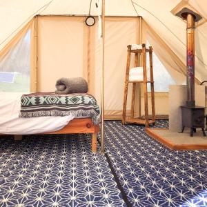PenuwchTinker the Bell Tent at Pentref Luxury Camping的带帐篷的客房,配有床和梯子