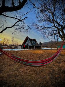 a red hammock sitting in a field in front of a house at Cabana Apuseni Wild in Valea Lupşei