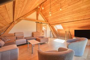 a living room with couches and a tv in a building at Les 3 Som in Saint-Pierre-de-Chartreuse