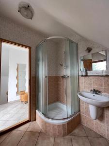 a bathroom with a shower and a sink at Apartment Balatonfenyves in Balatonfenyves