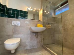 a bathroom with a toilet and a sink and a shower at Stockrosenhuus in Westerland