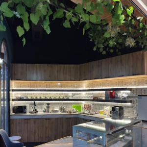 a kitchen with a counter top with a plant on the ceiling at LakeSide Hotel by EDEN Group in Tashkent