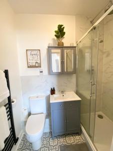 a bathroom with a toilet and a sink and a shower at Stunning Marina Apartment in Portishead +18 photos