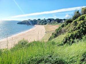 a view of a beach with grass and the water at Caravane vintage in Pornichet
