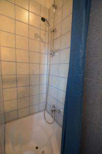 a bathroom with a shower with a bath tub at Olympia Hotel in Genoa