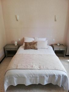 a bedroom with a large white bed with two tables at Maison vue Panoramique in Vailhan
