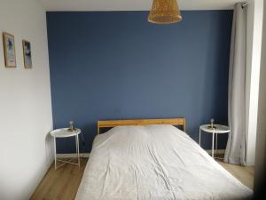 sypialnia z niebieską ścianą i łóżkiem z 2 stołkami w obiekcie T2 lumineux - Segré hyper Centre - Wifi - Netflix w mieście Segré