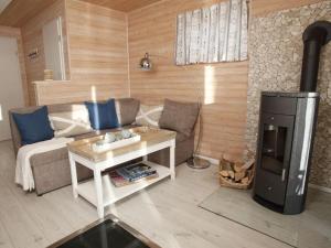 een woonkamer met een bank en een open haard bij Hausboot Poseidon 1 in Großenbrode