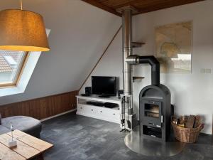 格罗森布罗德Seepferd的一间客厅,客厅内配有燃木炉