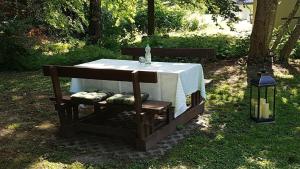 FrielendorfにあるFerienhaus Tindy am Silberseeのピクニックテーブル(白いテーブルクロスとランプ付)