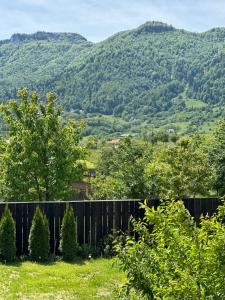 a fence in a field with mountains in the background at View Bucegi-Adults Only in Zărneşti