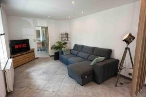 un salon avec un canapé et une télévision dans l'établissement La Brocante, à Granges-Aumontzey