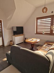 a living room with a couch and a table at Duże mieszkanie w Kostkowie in Kostkowo