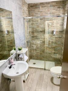 une salle de bain avec douche, lavabo et toilettes dans l'établissement Apartamentos turísticos en Jerez de la frontera, à Jerez de la Frontera