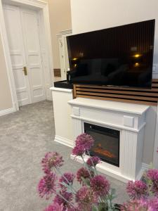 een woonkamer met een open haard en een tv erboven bij Apartment Deluxe Bucharest Downtown in Boekarest