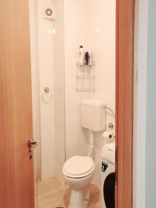 a small bathroom with a toilet and a shower at Urban Retreat in Osijek