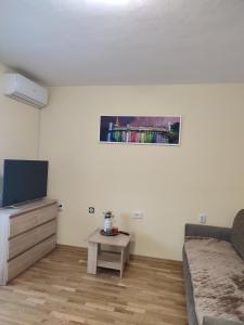 a living room with a couch and a tv and a table at Urban Retreat in Osijek