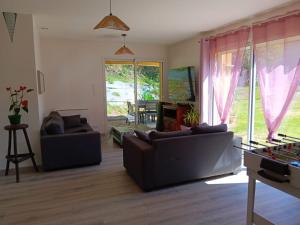 a living room with two couches and a game table at La Flaviacoise s'agrandie in Flaviac