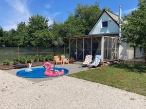 a backyard with a pool with a pink swan in it at Halacska Ház in Alsóörs