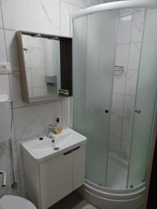 un bagno bianco con doccia e lavandino di Apartments Ivan & Ana a Korčula Altre 41 foto