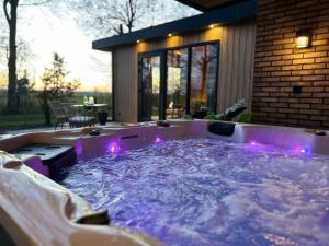 a hot tub with purple lights in a backyard at Wellnesslodge Kievit in Dalerveen
