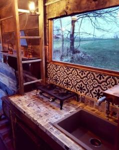 a kitchen with a sink and a window at Rustic Container Accommodation for Glamping in Kentucky in Owenton