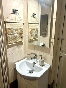a bathroom with a white sink and a mirror at MiniLoft apartment in Volos +34 photos