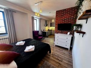 沃维奇Apartamenty Łowicz的一间卧室设有一张黑色的床和砖墙