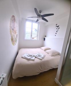 a bedroom with a bed with a ceiling fan at Les bons Enfants 5 in Rouen