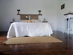 a bedroom with a bed with a white comforter at Casa Rural "La Molina" in Máguez