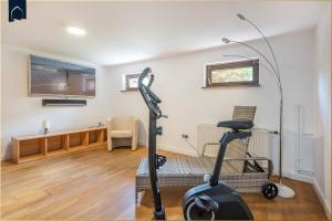a room with a gym with a treadmill and a tv at Ferienhaus Sonnendeck in Ueckeritz
