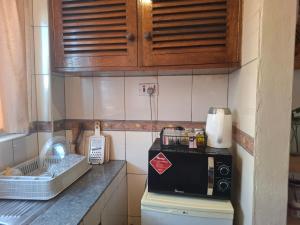 a kitchen with a counter with a toaster and a microwave at Studio Apartment, Nyali Mombasa in Mombasa