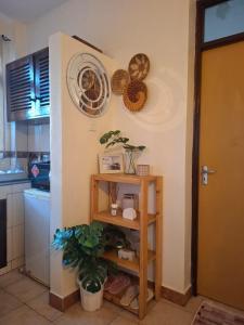a kitchen with a shelf and plates on the wall at Studio Apartment, Nyali Mombasa in Mombasa