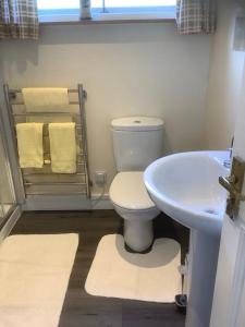 Un baño con un inodoro blanco y un lavabo. en Croft cabin, en Fort William