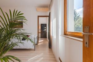 einen Flur mit einem Bett und einer Topfpflanze in der Unterkunft Da Tiffany - soggiorna in centro a Gorizia con garage box e ascensore in Gorizia