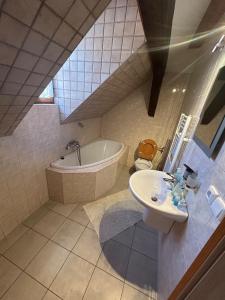 a bathroom with a sink and a tub and a toilet at Pension Parkan in Český Krumlov +13 photos