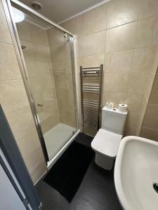 a bathroom with a shower and a toilet and a sink at High street apartments in Boston