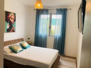 a bedroom with a bed with blue curtains and a window at Maison provençale de Plain pied avecGrand jardin et Piscine in Aubagne