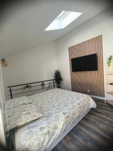 a bedroom with a bed and a flat screen tv at Ma douce Fenière in Saint-Rémy-de-Chargnat