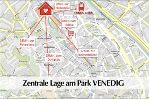 a map of a park in a city at Großzügige 80m2 Gründerzeit FEWO mit privatem Parkplatz, Kingsize Betten, Nobilia Küche, 45 Zoll Smart-TV, 150Mbts WLAN - Nur eine kurzer Spaziergang durch den Park Venedig zur Krämerbrücke - Ausgewählte Empfehlungen für Erfurt inklusive in Erfurt +27 photos
